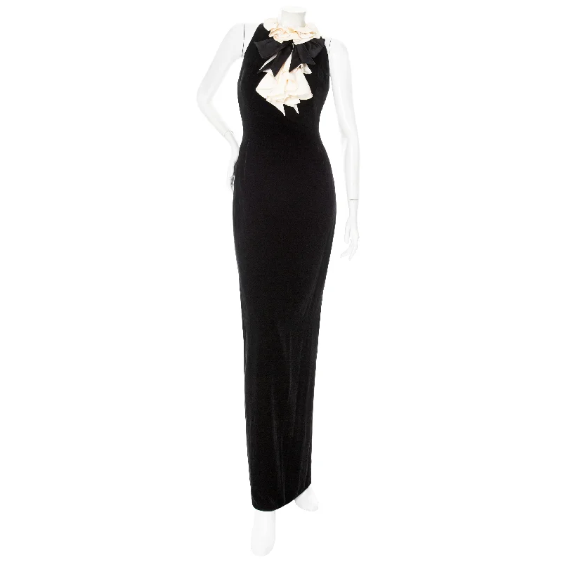 Style Redefined Vintage Black and White Velvet Ruffled Maxi Dress