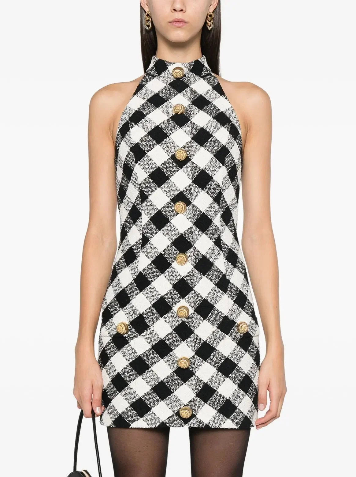 Style Revolution Gingham Tweed Halter-Neck Mini Dress