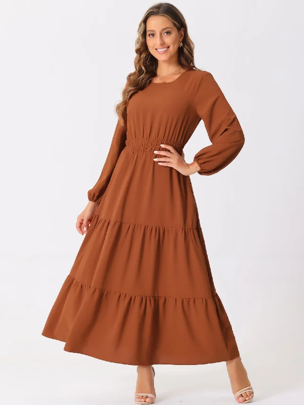 Gorgeous Glamour Collection Long Sleeve Crew Neck Pocketed Tiered Maxi Dress