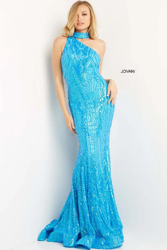 Trendy Pulse Jovani 08338 One Shoulder Choker Long Prom Dress