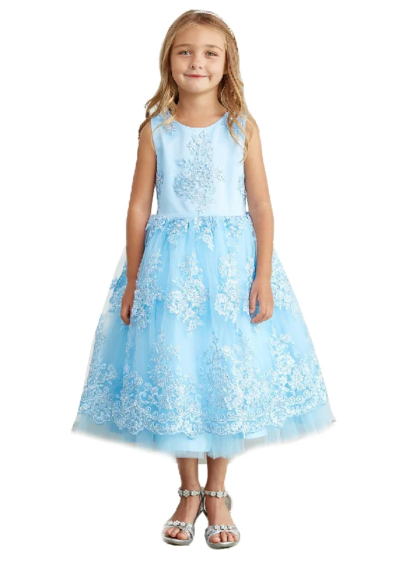 Chic Trend Collection Little Girls Sky Blue Metallic Lace Overlay Tulle Flower Girl Dress 2-6