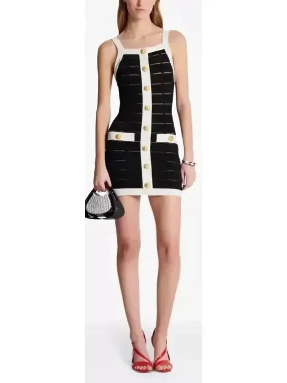 Fashion Deal Black and White Sheer Panel Buttoned Tank Mini Dress