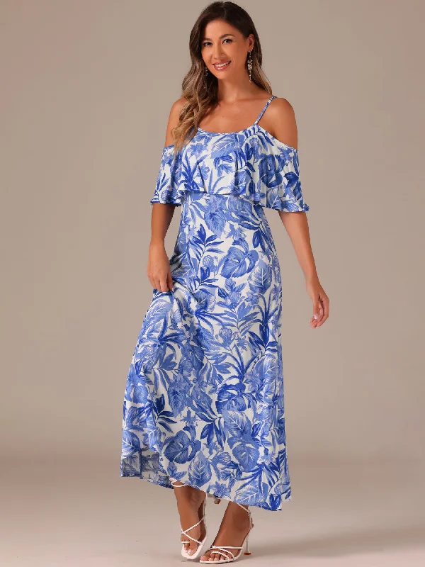 Sophisticated Style Flare Sleeve Cold Shoulder Tropical Plant Print Vacation Maxi Dress