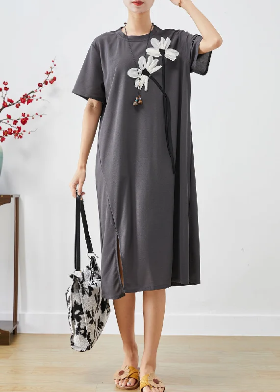 Clearance Sale Online Handmade Grey Floral Side Open Cotton Dress Summer