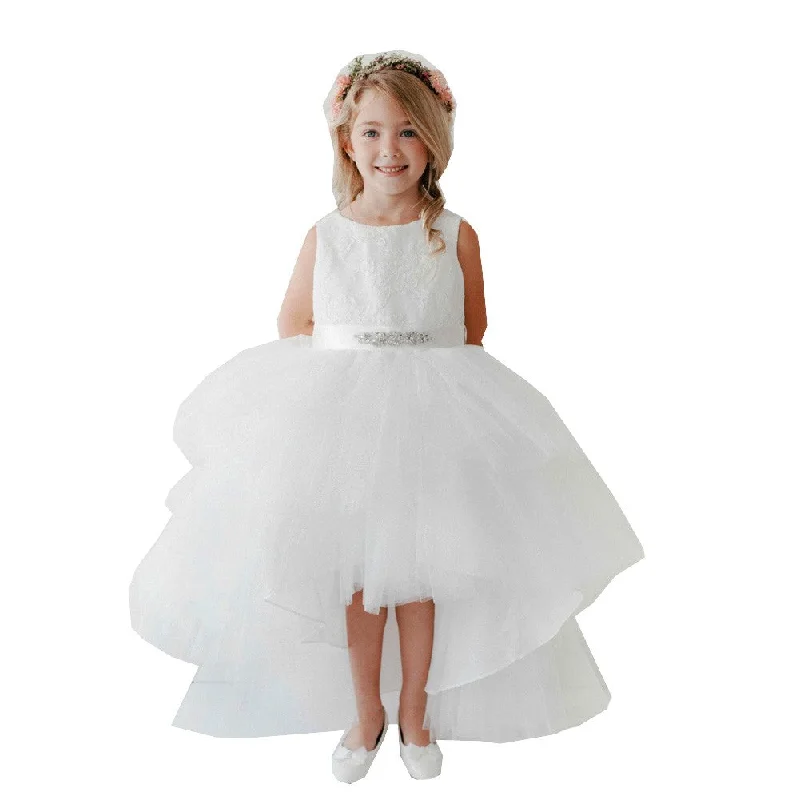 Effortless Style, Endless Impact Little Girls White Lace Bodice Beaded Sash Hi-Low Flower Girl Dress 2-6