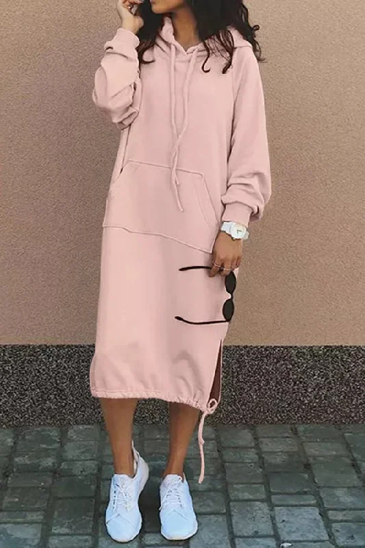 Absurdly Cheap Sale Solid Color Casual Hooded Lace-up Pocket Sweatshirt Style Midi Dress