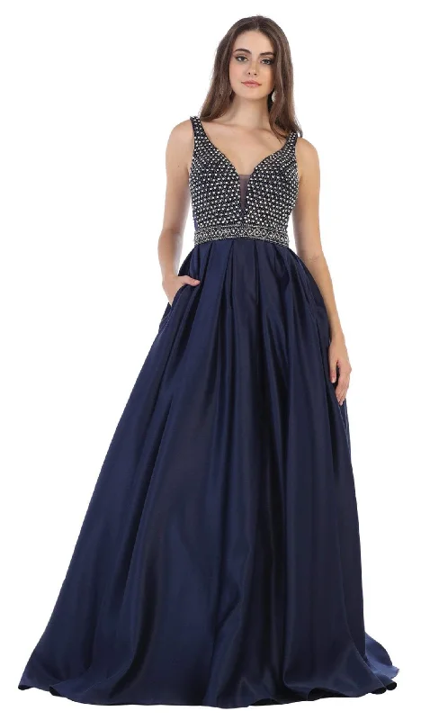 Fashion Frontiers May Queen - RQ7680 Beaded Plunging V-Neck Ballgown