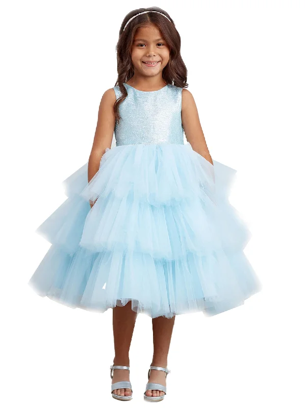 Unleash Your Style Little Girls Sky Blue Metallic Glitter Layered Tulle Flower Girl Dress 2-6