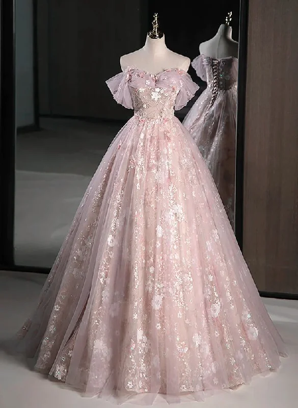 Exclusive Discounts Pink Off Shoulder A-Line Tulle Maxi Dress Floral Long Prom Dress MD7251