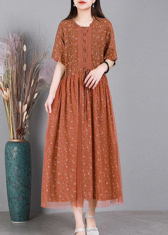 Casual Chic DIY Orange Tie Waist Embroideried Floral Tulle Dress Short Sleeve