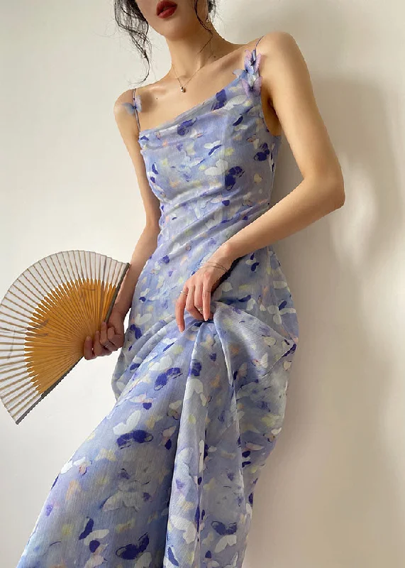 Fashion Deal Beautiful Blue Floral Print Slim Fit Chiffon Holiday Spaghetti Strap Dress Summer