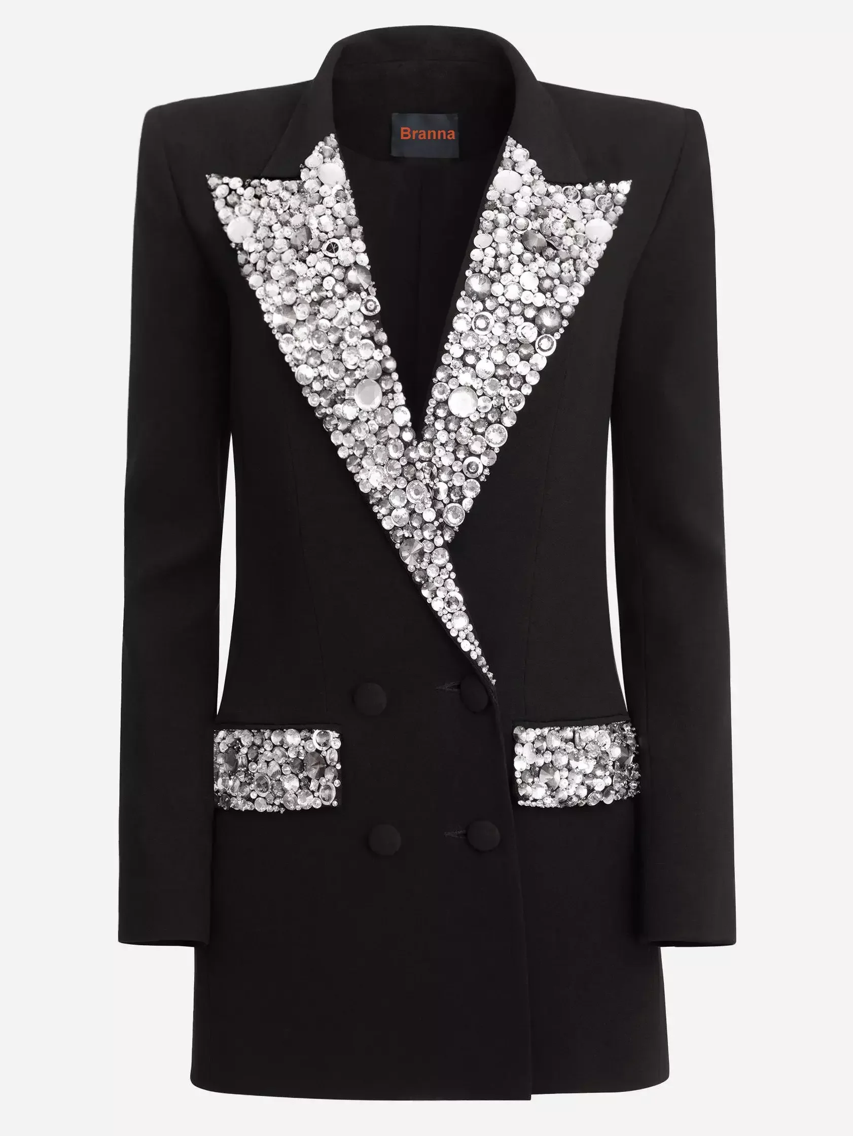 Trend Alert Black Cady Blazer-Mini Dress with Crystal-Embellished Collar and Pockets