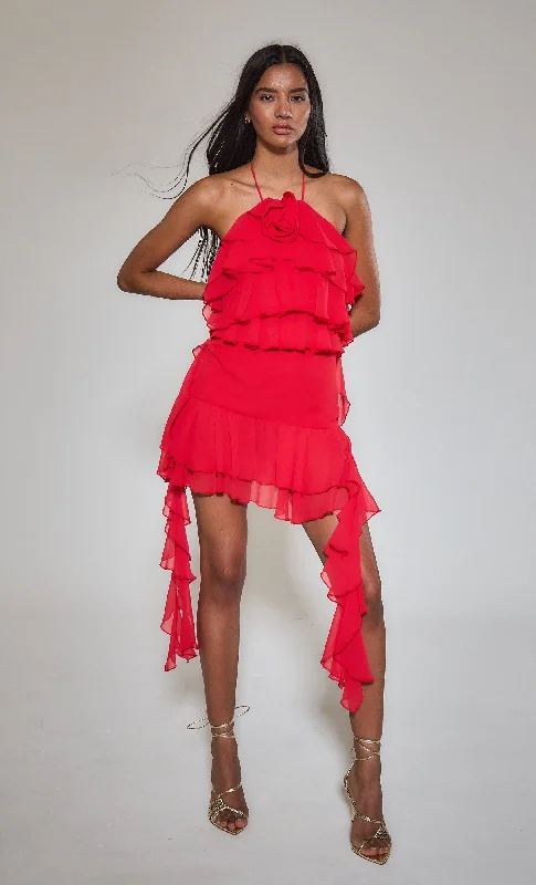 Gorgeous Glamour Collection Red Ruffle Corsage Halter Mini Dress