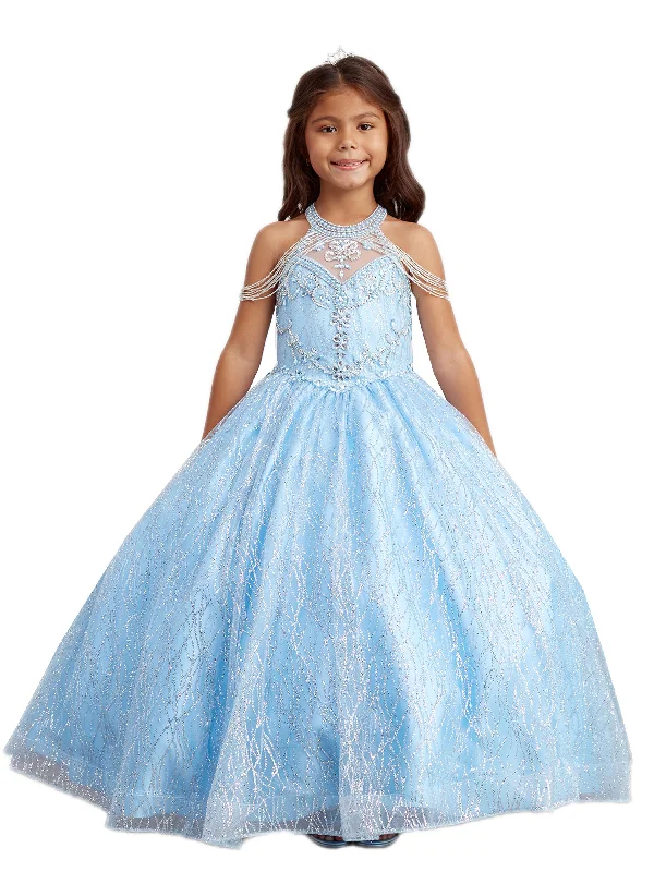 Unleash Your Trendy Side Little Girls Sky Blue Dangling Beads Choker Style Pageant Dress 2-6