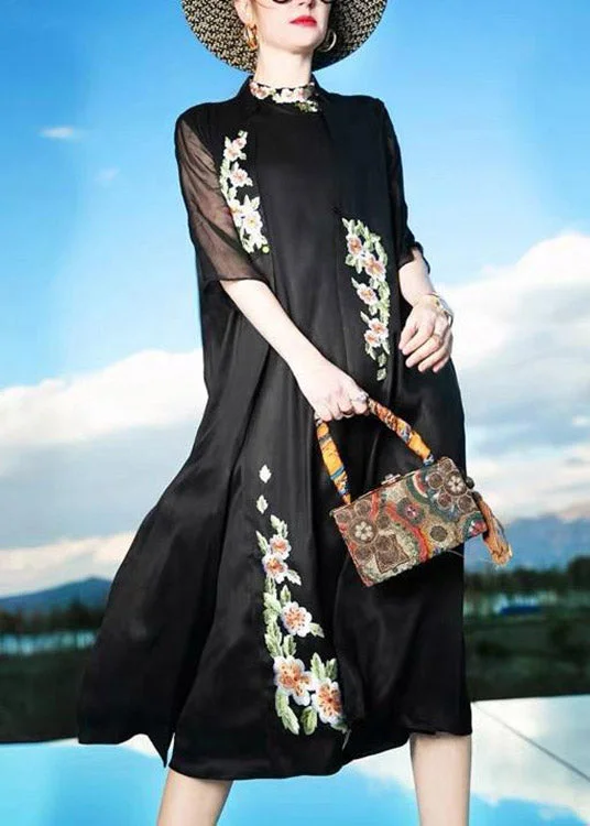 Bold Fashion Novelty Black Stand Collar Embroideried Floral Button Silk Maxi Dress Summer