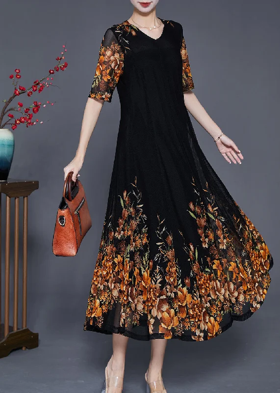 Women's Clothing Sale Online French Black V Neck Golden Floral Tulle Holiday Dress Summer