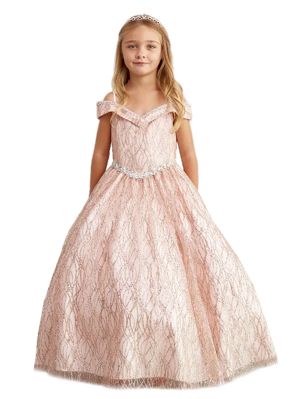 Ride The Style Wave Little Girls Rose Gold Glitter Off Shoulder Rhinestone Waist Pageant Dress 2-6