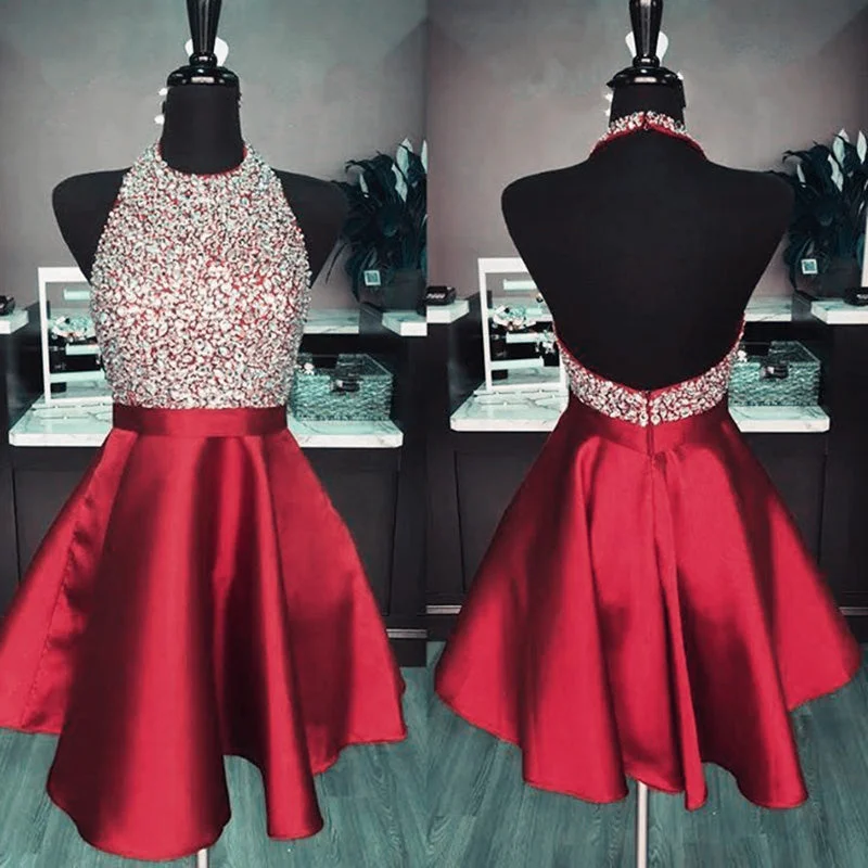 Luxe Women's Fashion Red Beaded Short Halter Cocktail Homecoming Dress Semi Formal Gown Girls Party Gown SP065 Luxe Women's Fashion Red Beaded Short Halter Cocktail Homecoming Dress Semi Formal Gown Girls Party Gown SP065