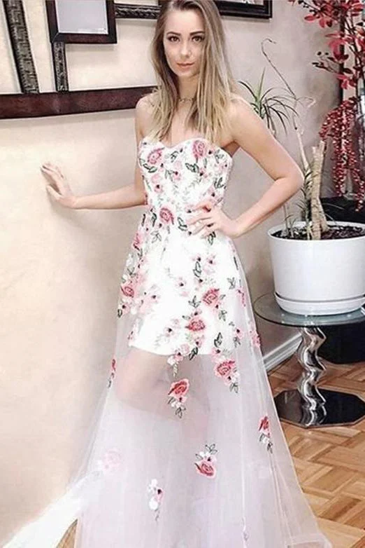 Chic Trend Collection Ivory Floral Prints Sweetheart Strapless See Through Prom Dresses Long Party Dresses N1481