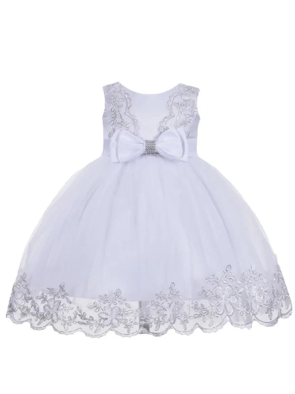 Stylish Statements Little Girls White Double Bow Embroidered Flower Girl Dress 2T-4T