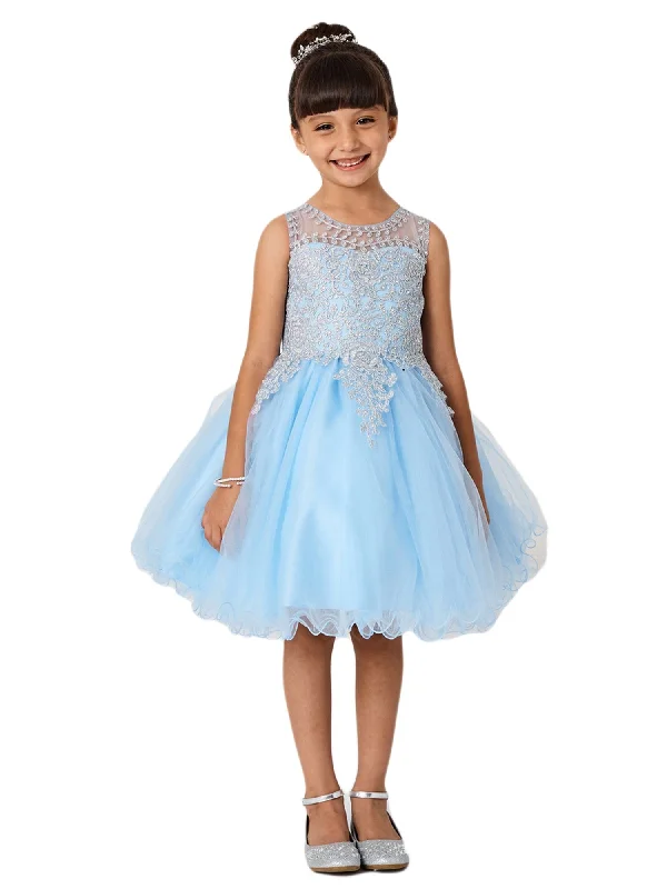 Fashion Forward Femme Little Girls Sky Blue Gold Lace Rhinestone Wired Tulle Flower Girl Dress 2-6