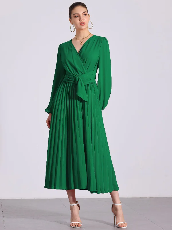 Trendy Women's Collection Pleated V Neck Puff Sleeve Tie Waist A-Line Maxi Dress