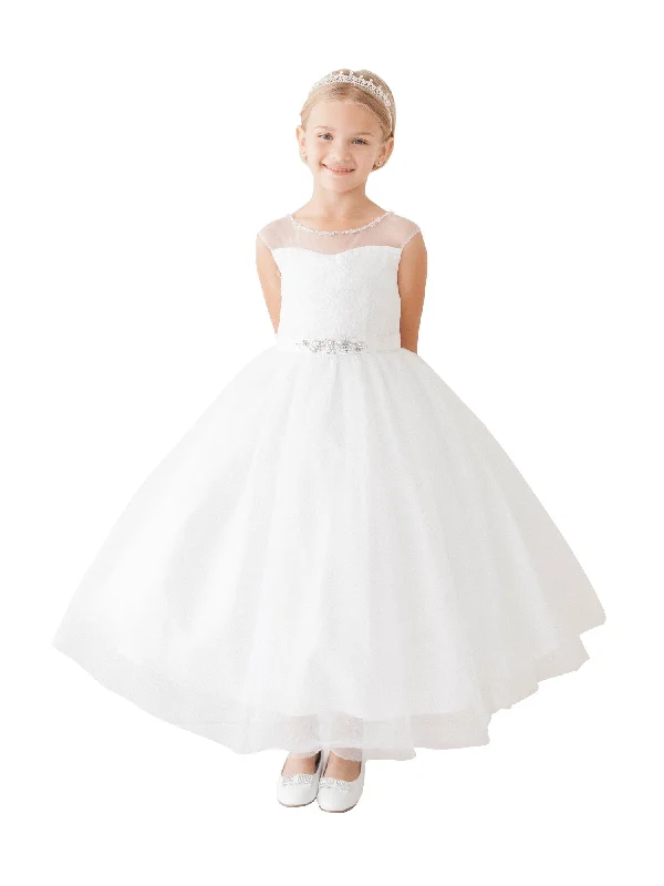 Runway Inspired Wear Little Girls White Illusion Neck Beaded Lace Belted Flower Girl Dress 2-6