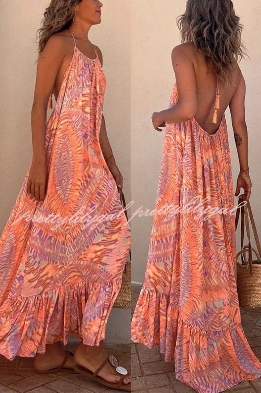 Trendsetting Threads Sunita Ethnic Print A-line Halter Tassel Vacation Maxi Dress