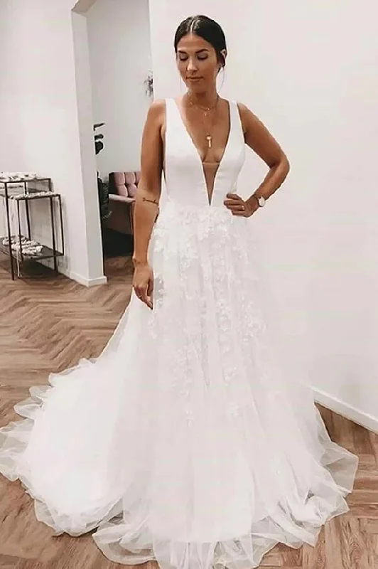 Clothing Sales Roycebridal Ivory Tulle Lace Deep V-neck Wedding Dresses With Train, Bridal Gowns, MW820