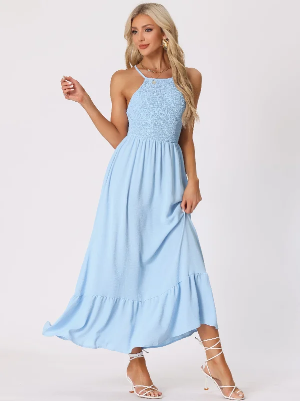 Trendy Street Style Smocked Backless Sleeveless Solid Lace-Up Summer Maxi Dress Sundress