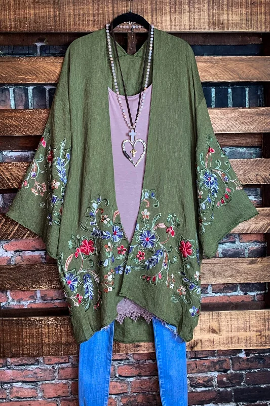 Timeless Classics GO WITH GRACE OLIVE FLORAL EMBROIDERED KIMONO