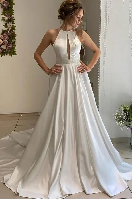 Casual Chic Clothing Roycebridal Satin A-line Halter Backless Wedding Dress, Bridal Gown With Beaded Belt, MW713