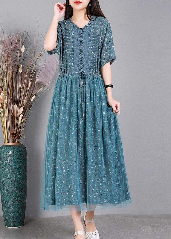 Latest Fashion Style Blue Embroideried Floral Ruffles Tulle Long Dresses Short Sleeve