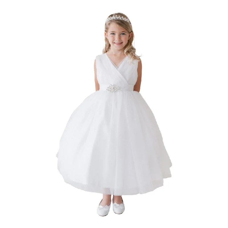 Gorgeous Glamour Collection Little Girls White Glitter Tulle V-Neck Rhinestone Brooch Flower Girl Dress 2-6