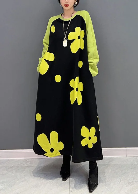 Seasonal Sale Diy Colorblock O Neck Floral Cotton Long Dress Spring