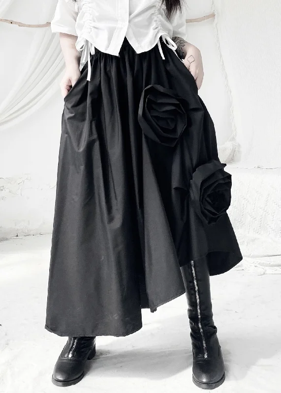 Clothing Woman Women Black Asymmetrical Floral Elastic Waist Maxi Dress Fall