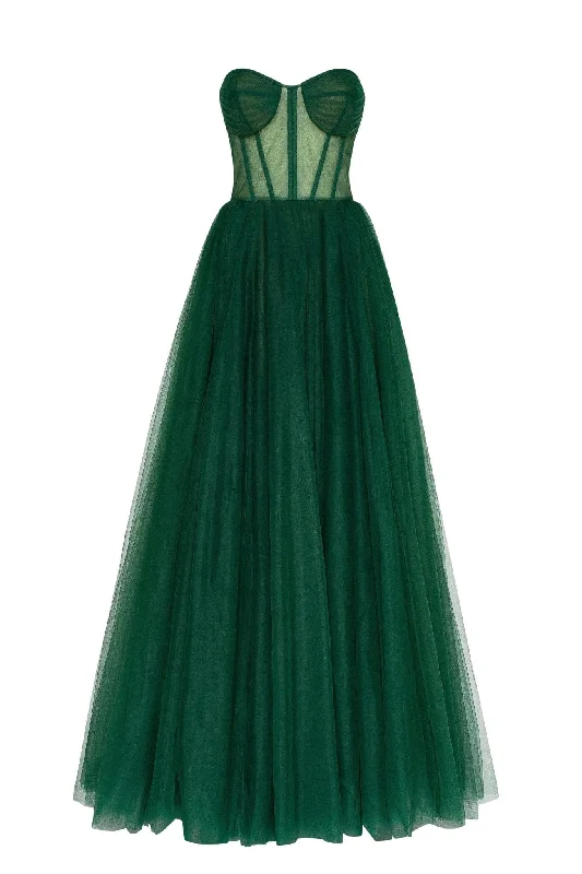 Business Casual Outfits Emerald Green Tulle Maxi Dress with a Corset Bustier