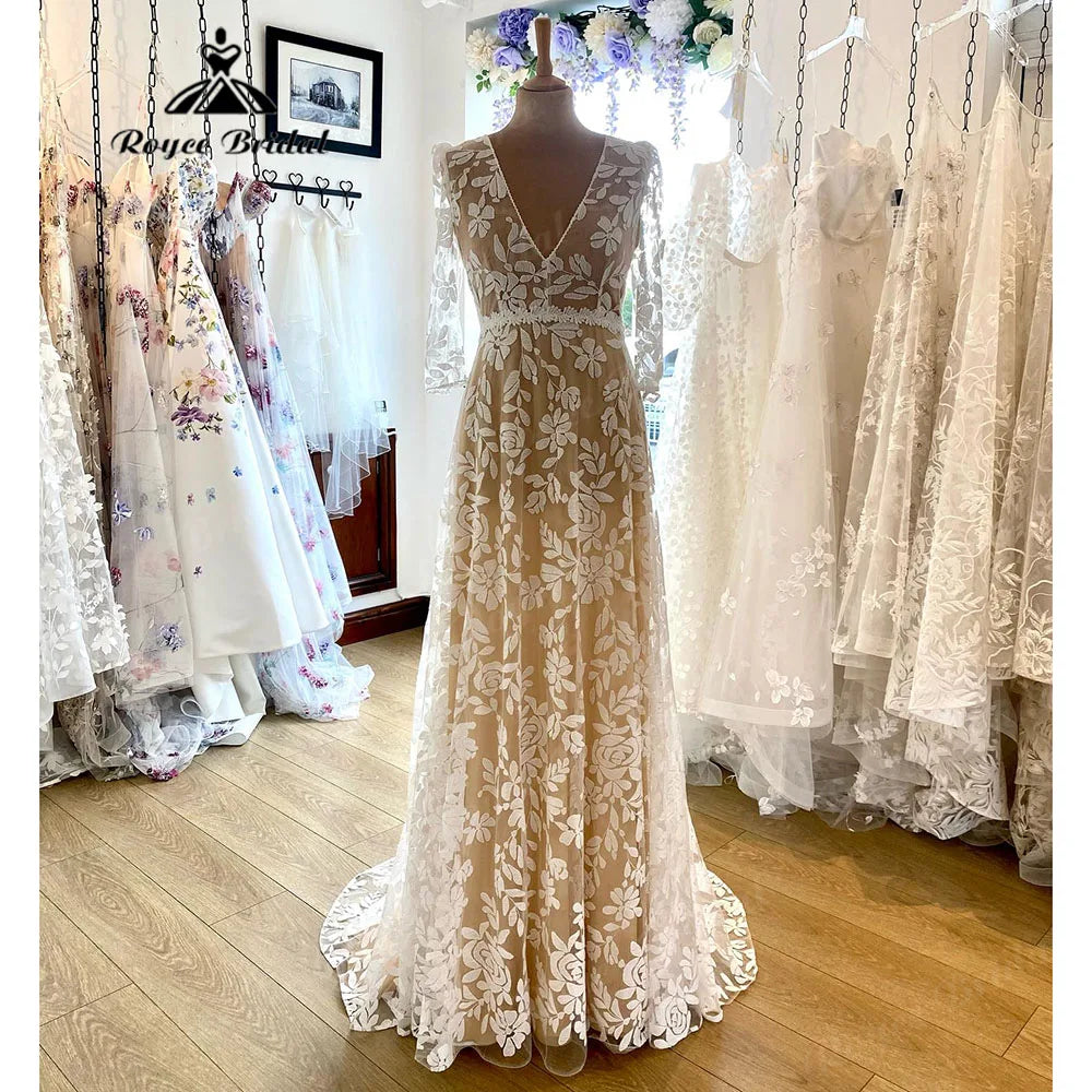 Seasonal Sale Robe Mariee Three Quarter Sleeve Full Lace A Line Boho Women Wedding Dress with V Neck 2025 Bridal Gown abito da sposa Summer