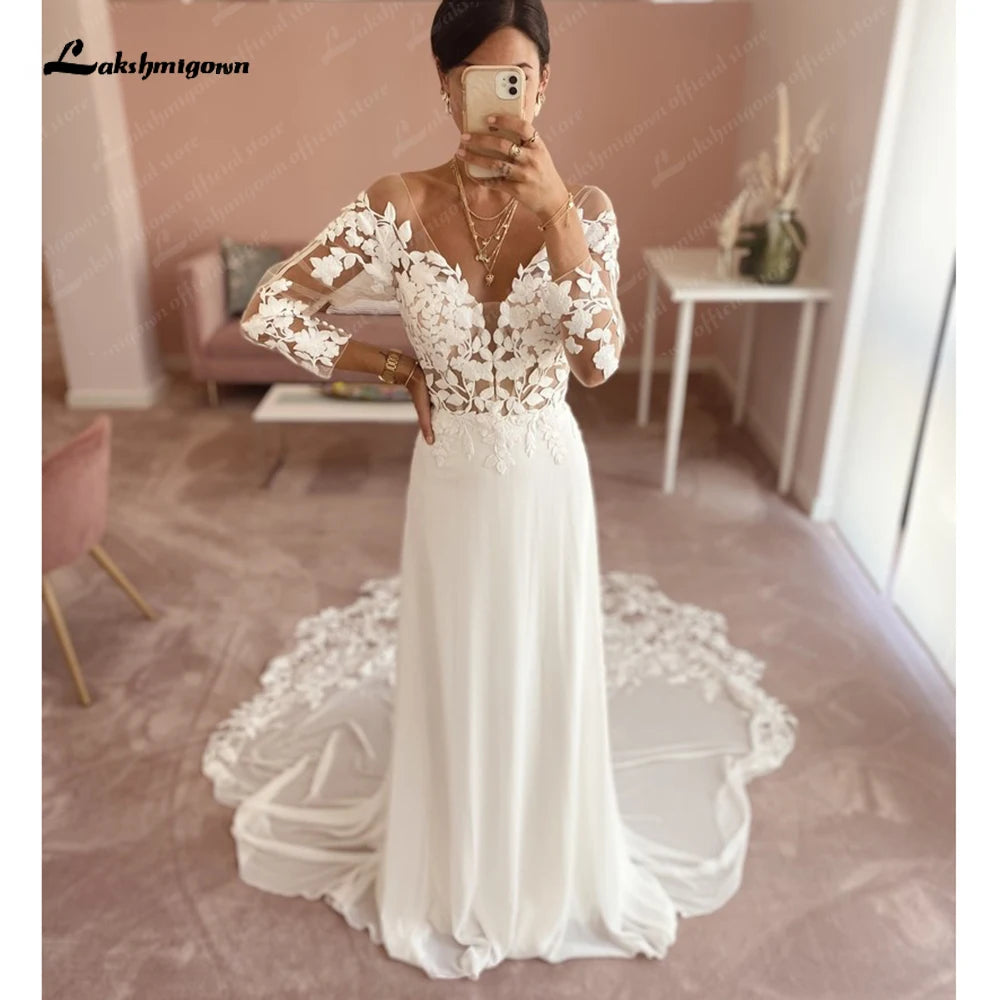 Seasonal Clearance Roycebridal Lace Chiffon Backless Wedding Dress for Women 2025 Long Sleeves Beach Bridal Gown Court Train  vestidos para mujer