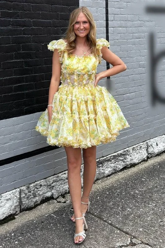 Relaxed Fit Women’s Fashion DingJiDress A-Line Homecoming Dress Cap Sleeves Yellow Floral Print