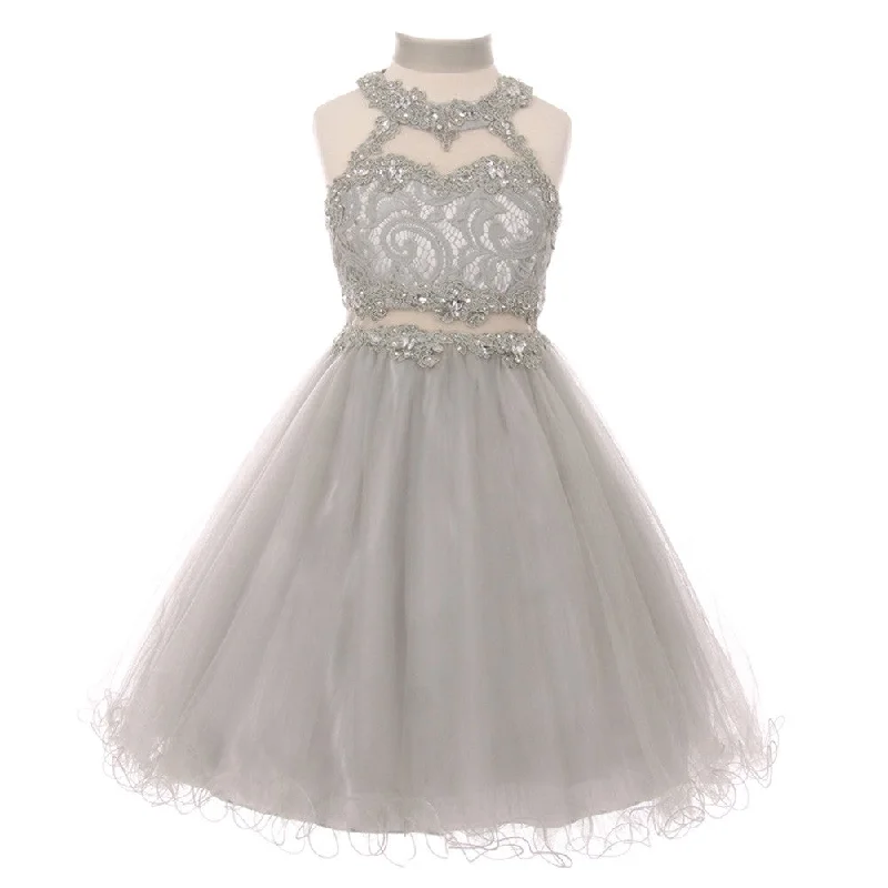 Chic Trends For The Fashion Savvy Little Girls Silver Rhinestone Halter Neck Lace Tulle Flower Girl Dress 4-6