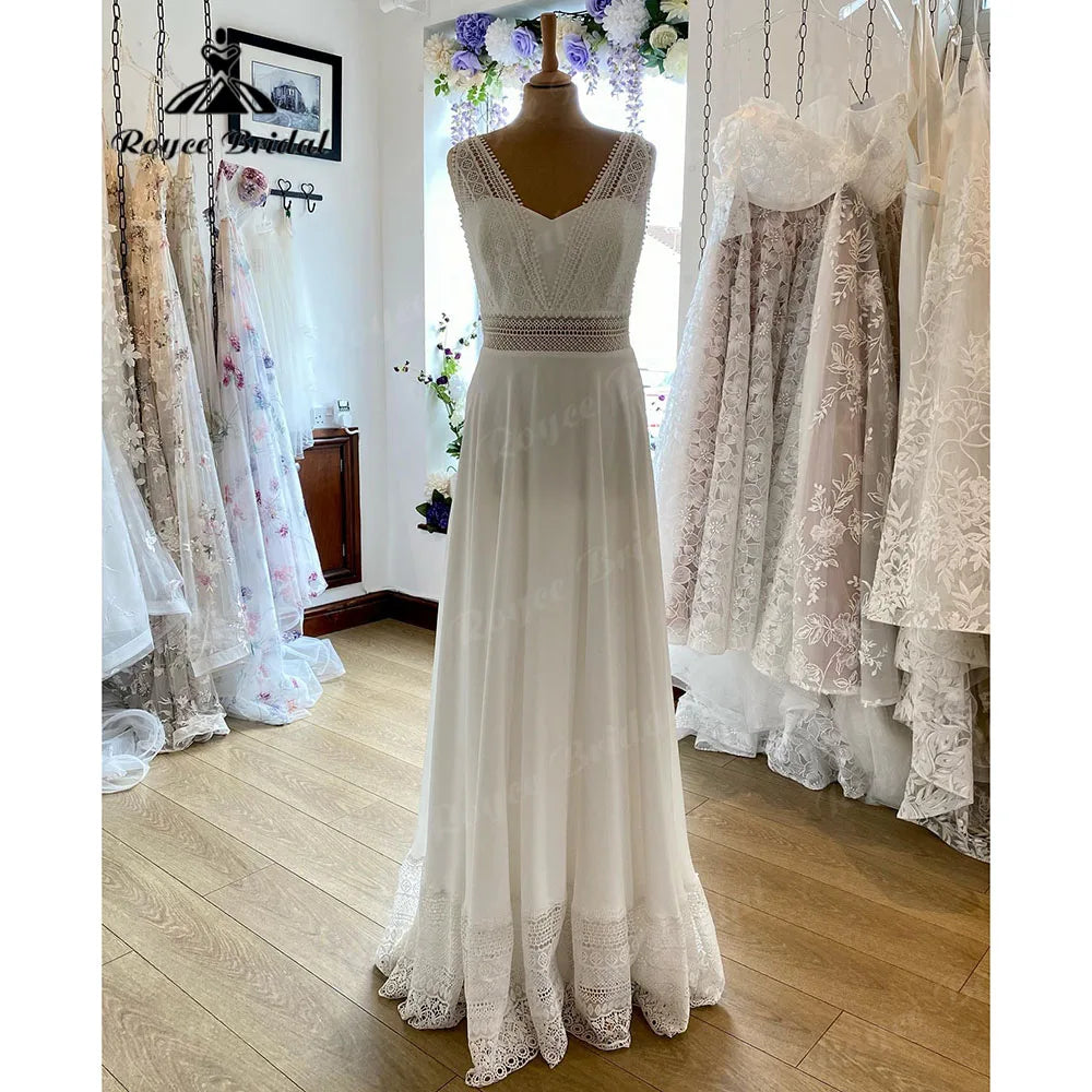 Exclusive Online Sale Robe Chic Sleeveless Lace Chiffon Boho Bohemian Wedding Dress for Women 2024 Wedding Gown for Women vestido de novia Roycebridal