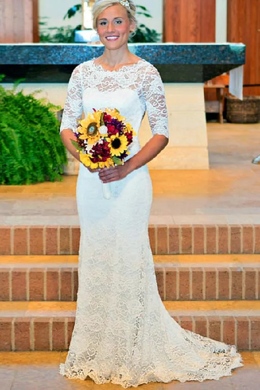 Latest Fashion Roycebridal White Mermaid Lace Round Neck Open Back Half Sleeves Wedding Dresses, MW211 Latest Fashion Roycebridal White Mermaid Lace Round Neck Open Back Half Sleeves Wedding Dresses, MW211