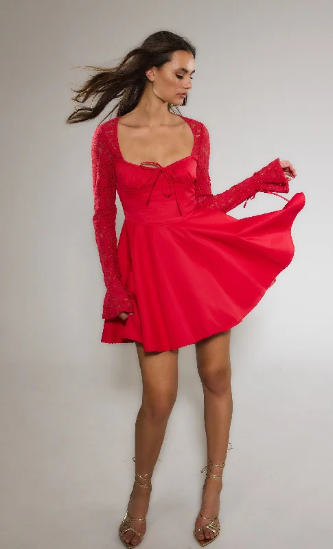 Style Redefined Red Lace Sleeve Corset Mini Dress