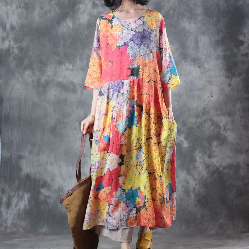 Season Sale Fine floral long linen dresses casual o neck pockets caftans New half sleeve baggy dresses kaftans Season Sale Fine floral long linen dresses casual o neck pockets caftans New half sleeve baggy dresses kaftans
