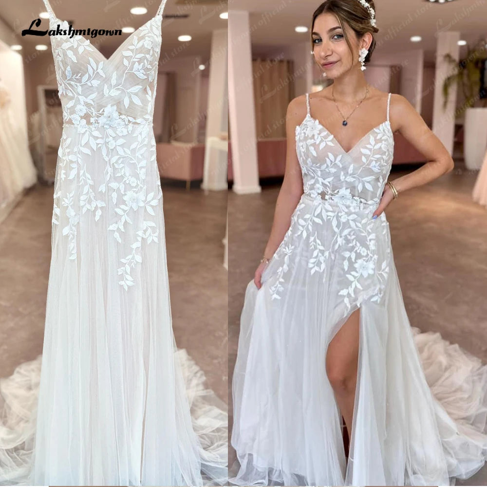 New Season Fashion Preview Roycebridal Plunging Lace Appliques Open Back Wedding Dress V Neck Spaghetti Straps 2025 Bride Wedding Dress robe de soirée