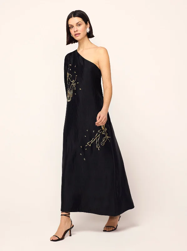 Trendy Outfits For Ladies Vavara Black Opera Embroidered One Shoulder Maxi Dress