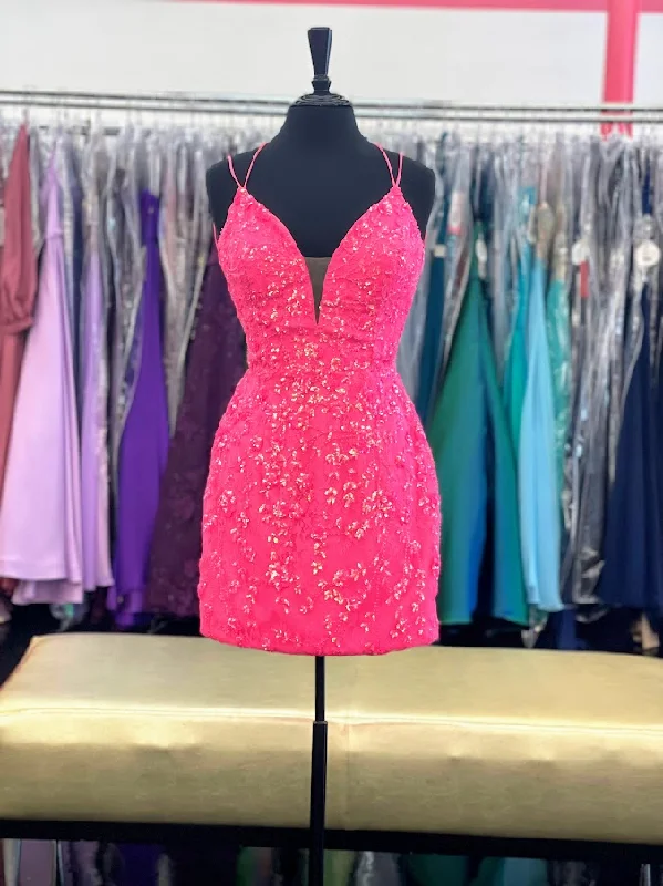 Premium Style Amarra 87129 Size 12 Neon Pink Short Dress Fitted Cocktail Dress Backless Corset Formal Gown