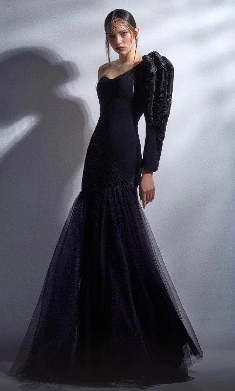 Relaxed Fashion MNM COUTURE G1276 - Asymmetrical Detailed One-Sleeve Evening Gown