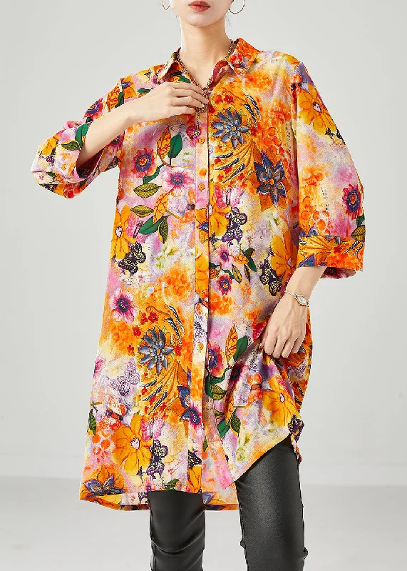 Clothing Sales Orange Yellow Floral Chiffon Long Shirt Oversized Bracelet Sleeve